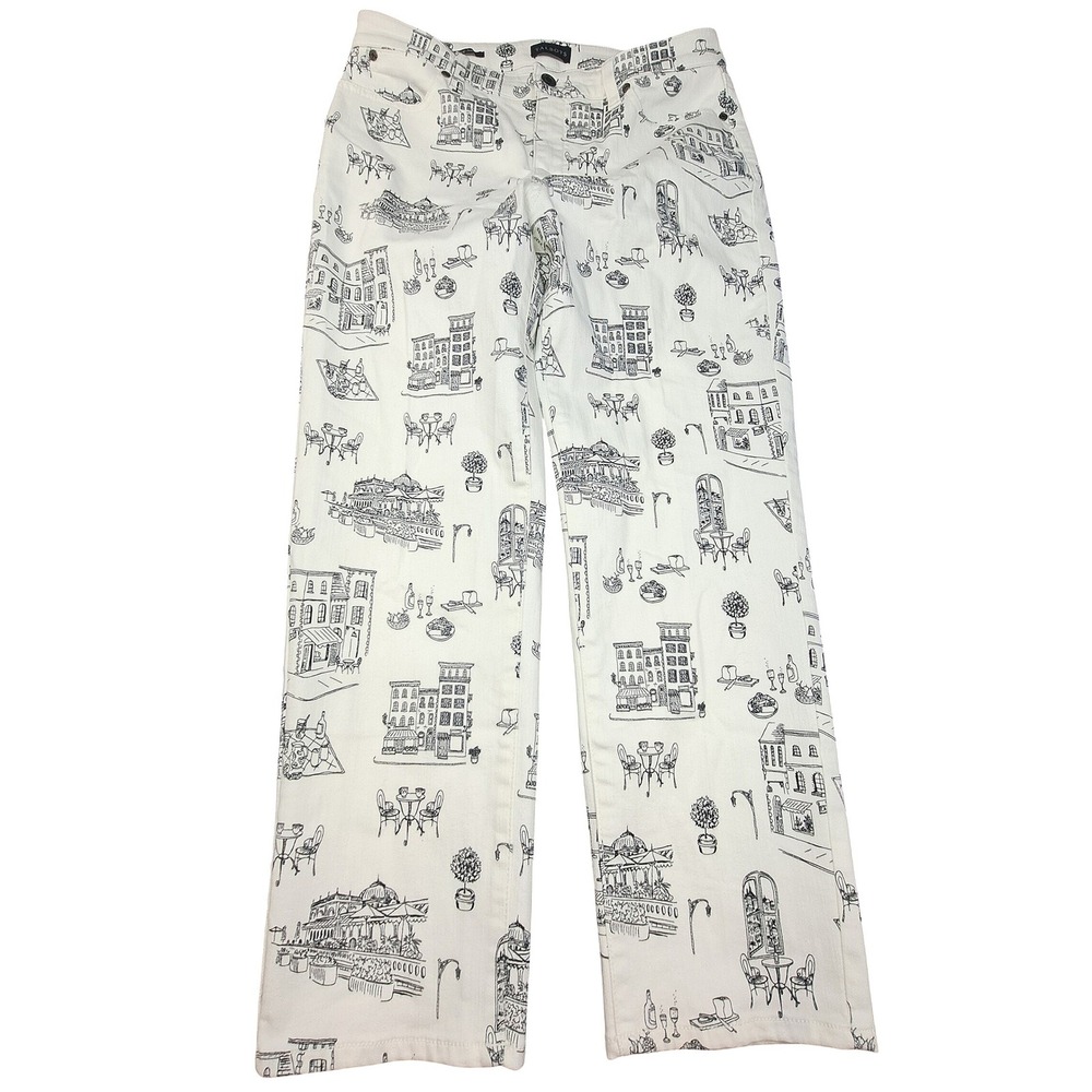 Talbots Straight Crop Jean White Black Paris Cafe Sketch Print Size 6